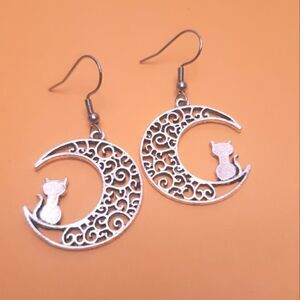 Silver Crescent Moon Kitty Cat Stainless Steel Hook Earrings